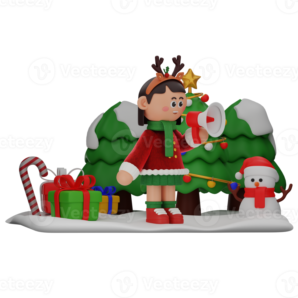 3d girl cartoon christmas Speaking On A Megaphone pose isolated on transparent background png