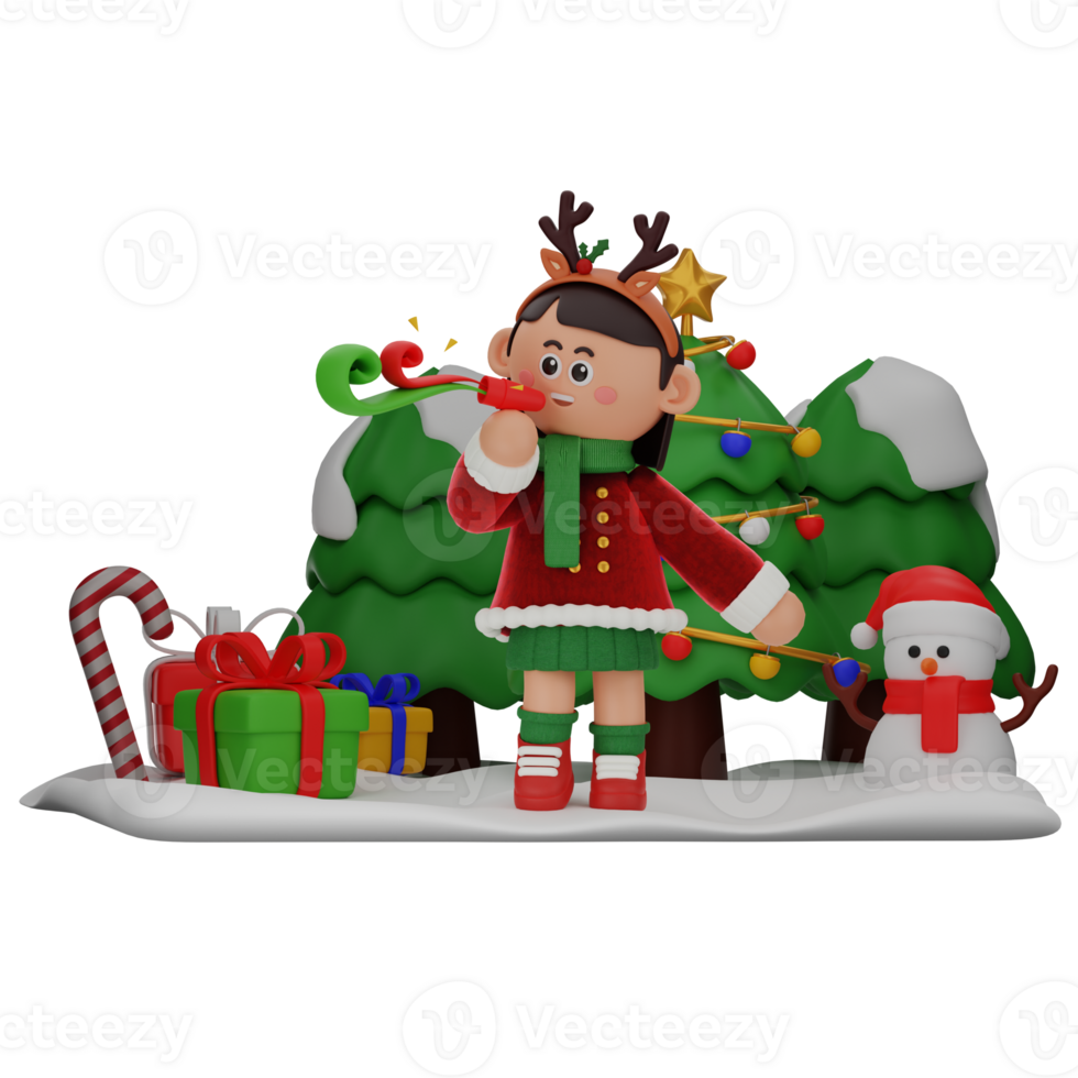 3d girl cartoon christmas Blowing Party Blowout pose isolated on transparent background png