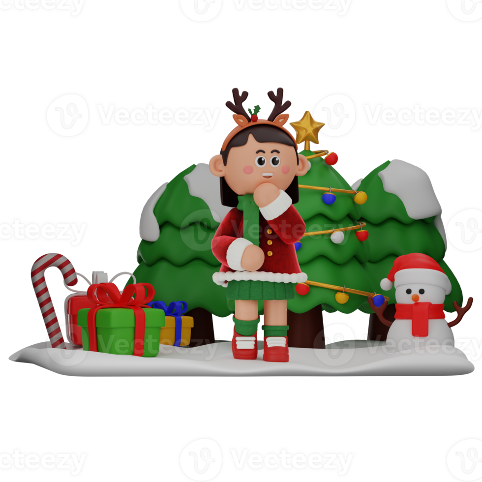 3d girl cartoon christmas Thinking pose isolated on transparent background png