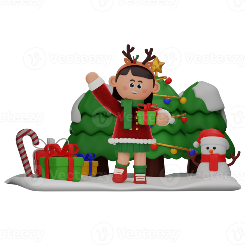 3d girl cartoon christmas Holding Gift pose isolated on transparent background png