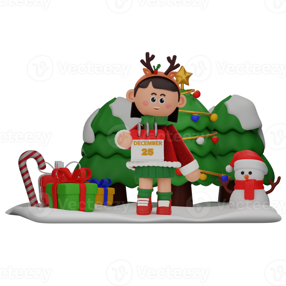 3d girl cartoon christmas Showing Calender pose isolated on transparent background png