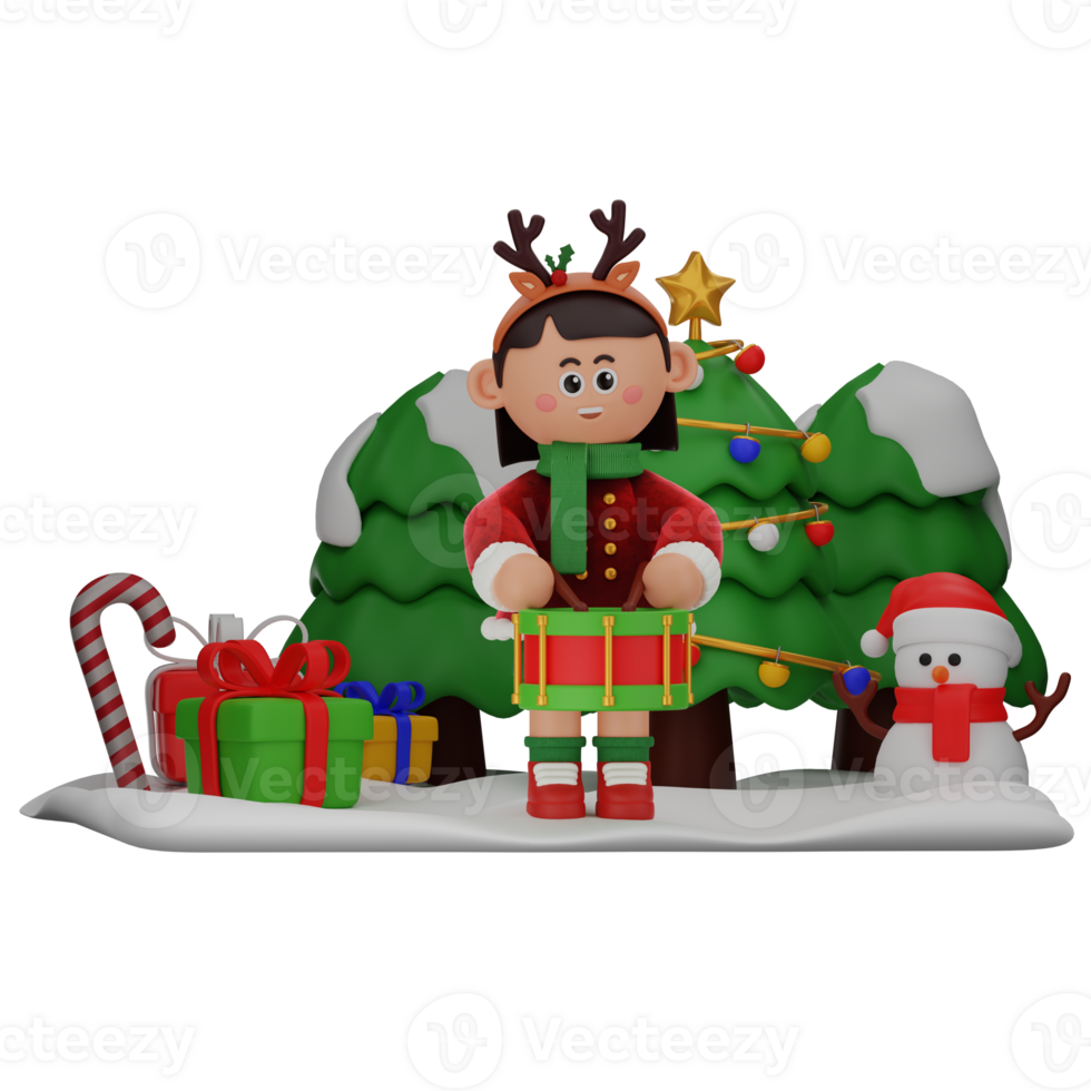3d girl cartoon christmas Playing Drum pose isolated on transparent background png