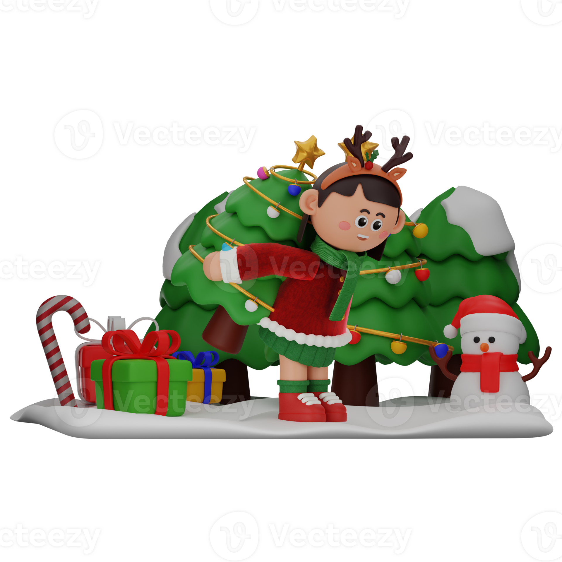 3d girl cartoon christmas Bring A Christmas Tree pose isolated on