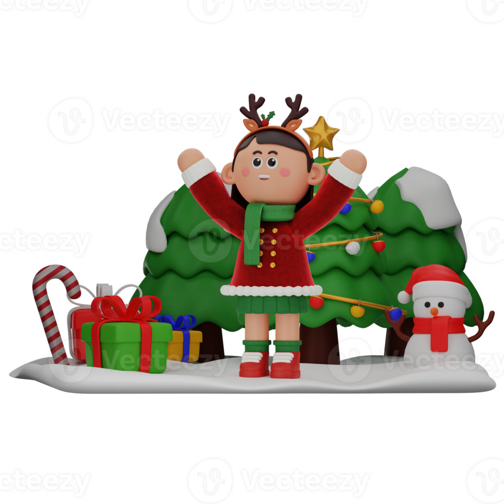 3d girl cartoon christmas Raise Both Hand pose isolated on transparent background png