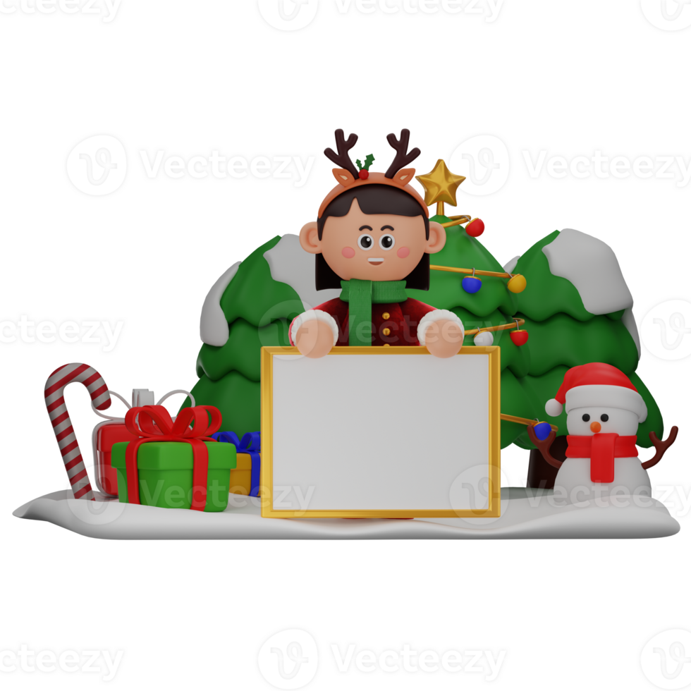 3d girl cartoon christmas Standing Behind Whiteboard pose isolated on transparent background png