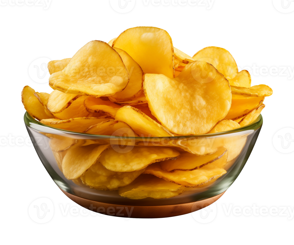 AI generated potato chips in a bowl isolated on a transparent background, PNG