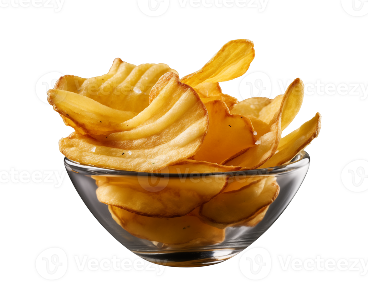 AI generated potato chips in a bowl isolated on a transparent background, PNG
