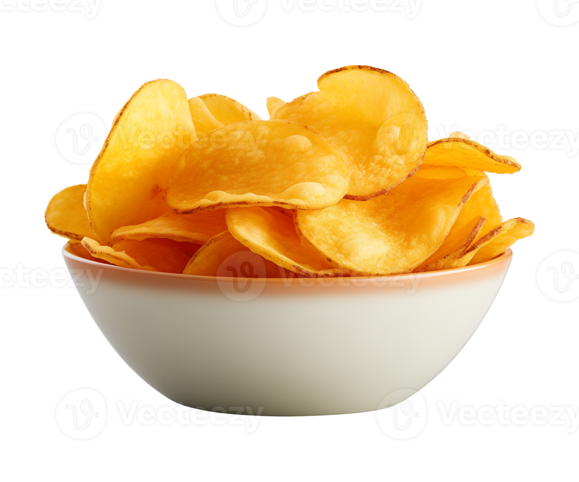 AI generated potato chips in a bowl isolated on a transparent background, PNG