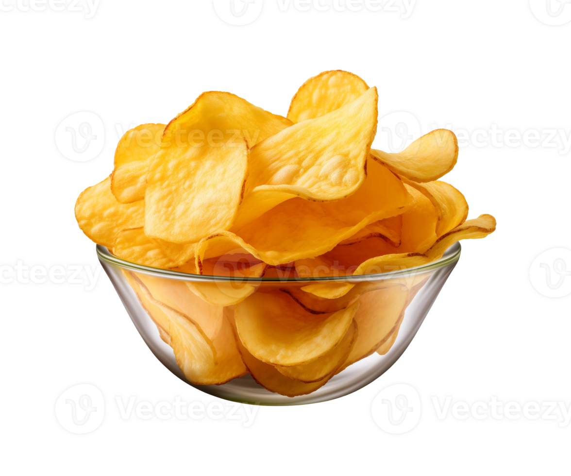 AI generated potato chips in a bowl isolated on a transparent background, PNG