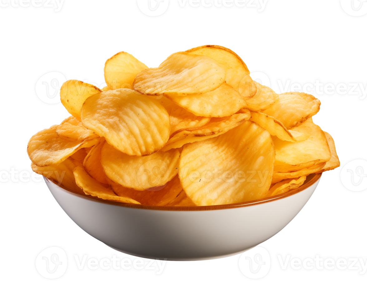 AI generated potato chips in a bowl isolated on a transparent background, PNG