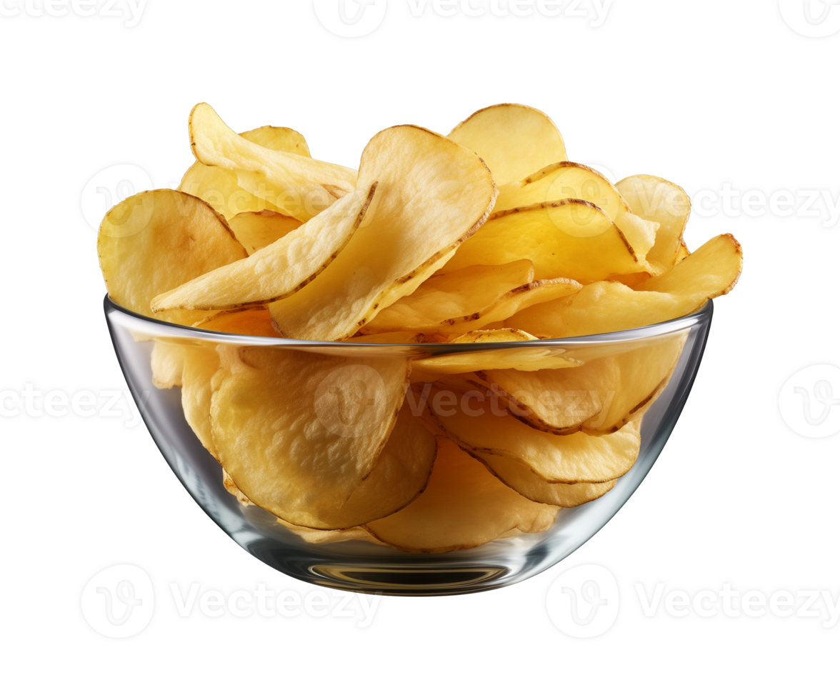 AI generated potato chips in a bowl isolated on a transparent background, PNG