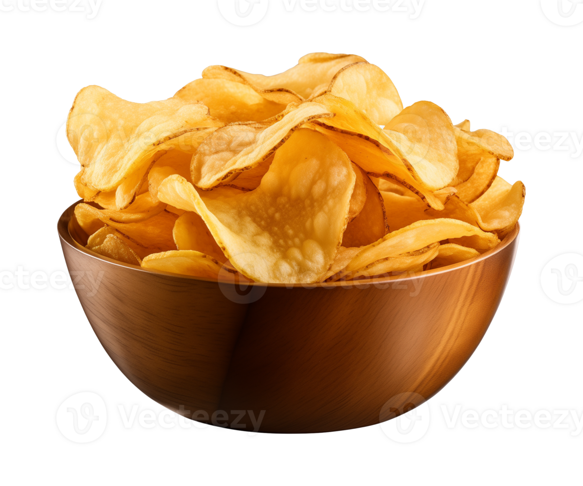 AI generated potato chips in a bowl isolated on a transparent background, PNG