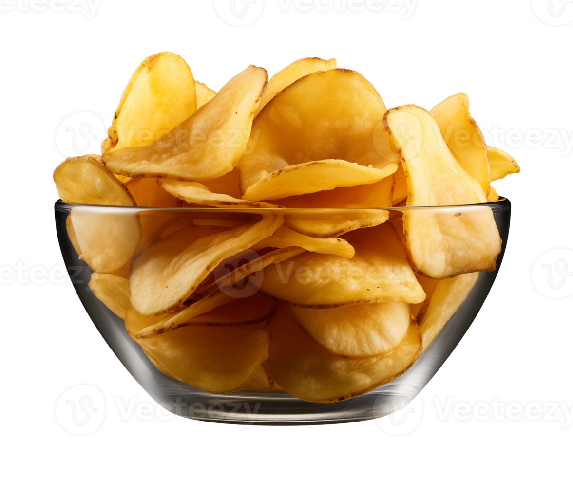 AI generated potato chips in a bowl isolated on a transparent background, PNG