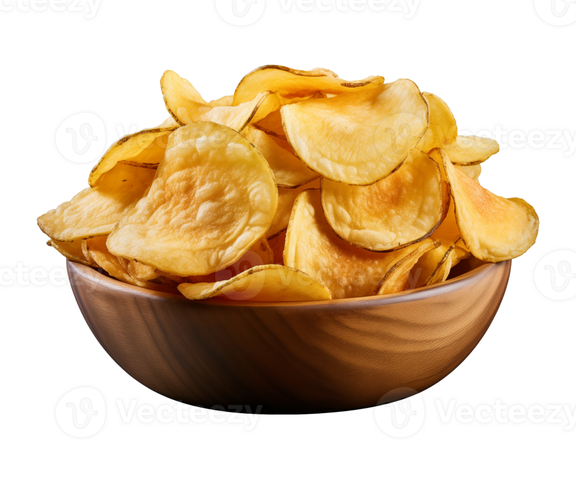 AI generated potato chips in a bowl isolated on a transparent background, PNG