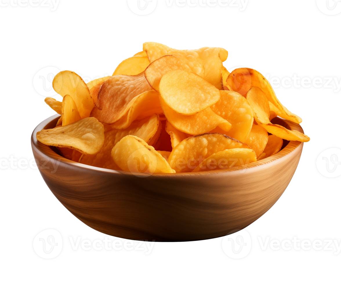 AI generated potato chips in a bowl isolated on a transparent background, PNG