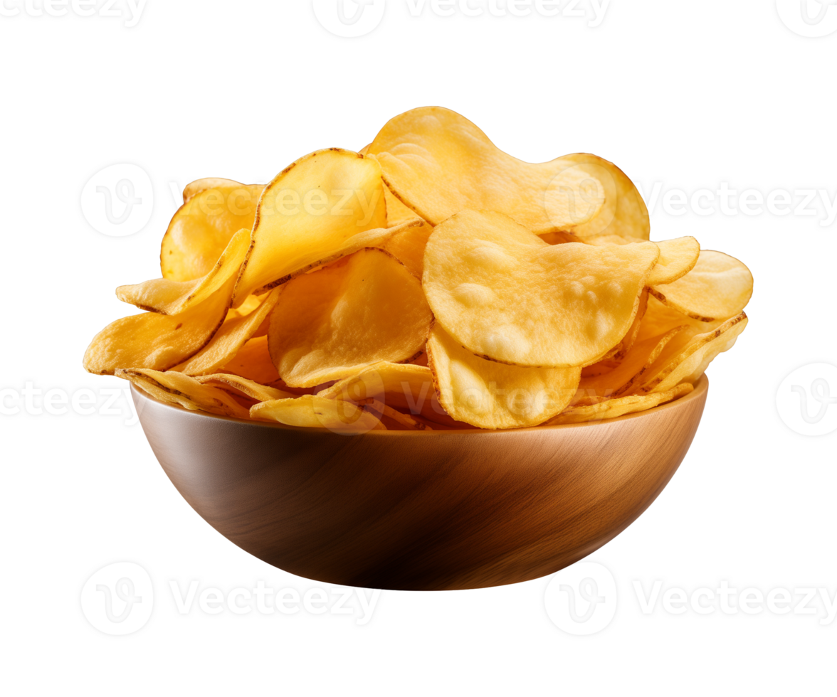 AI generated potato chips in a bowl isolated on a transparent background, PNG