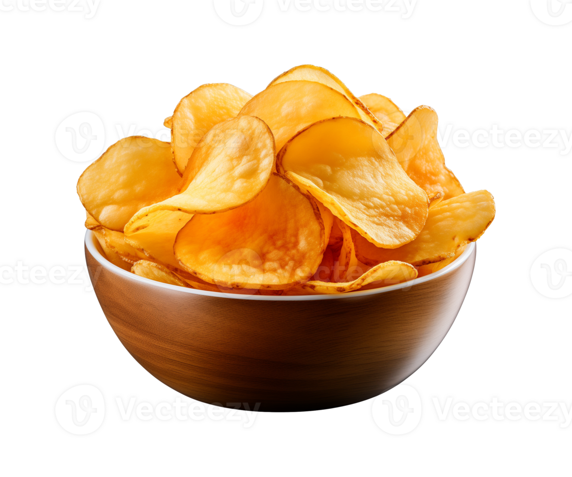 AI generated potato chips in a bowl isolated on a transparent background, PNG