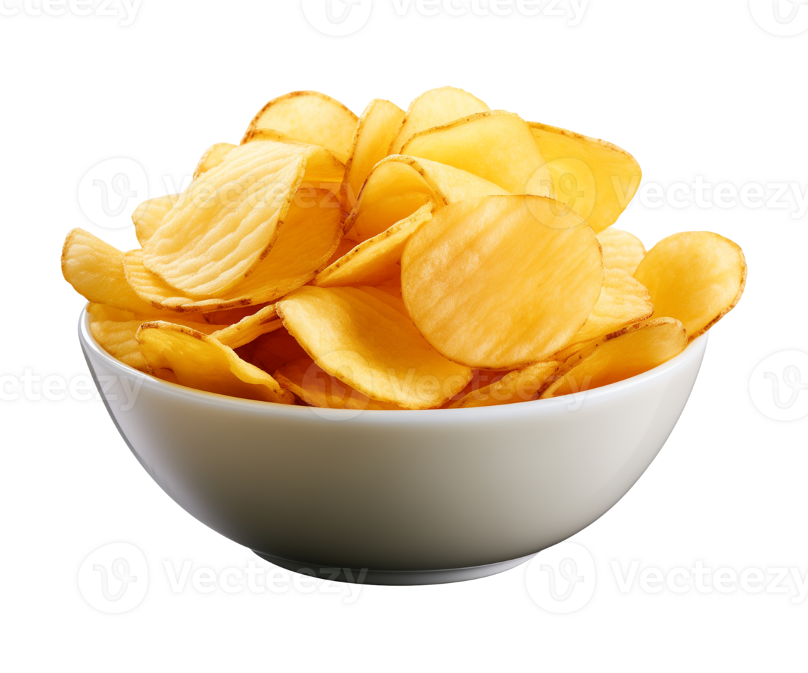 AI generated potato chips in a bowl isolated on a transparent background, PNG