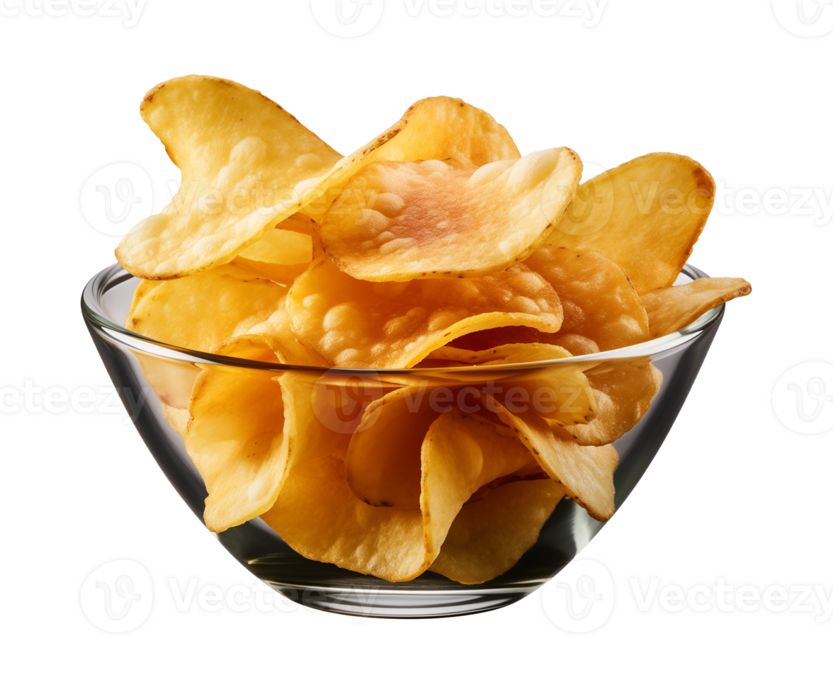 AI generated potato chips in a bowl isolated on a transparent background, PNG