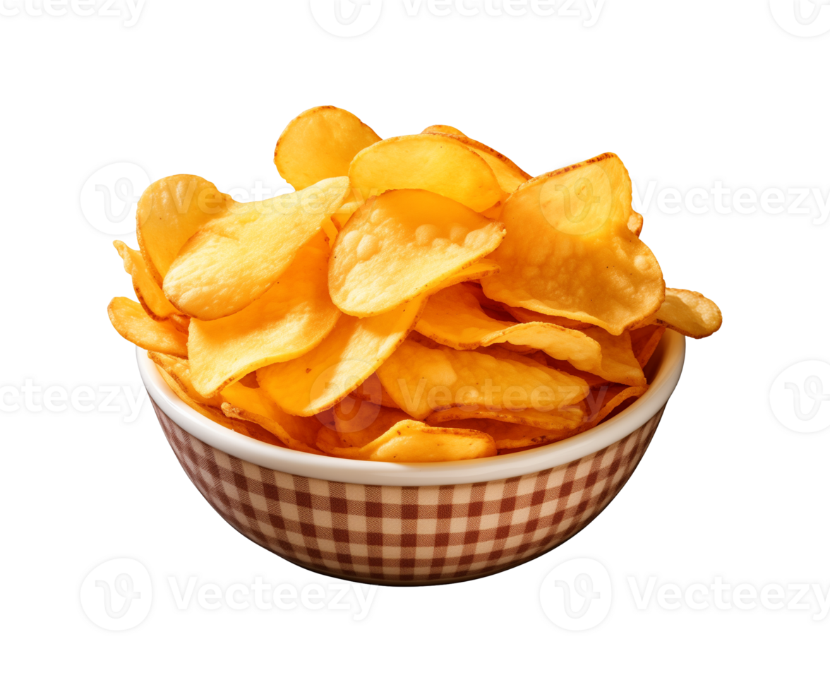AI generated potato chips in a bowl isolated on a transparent background, PNG