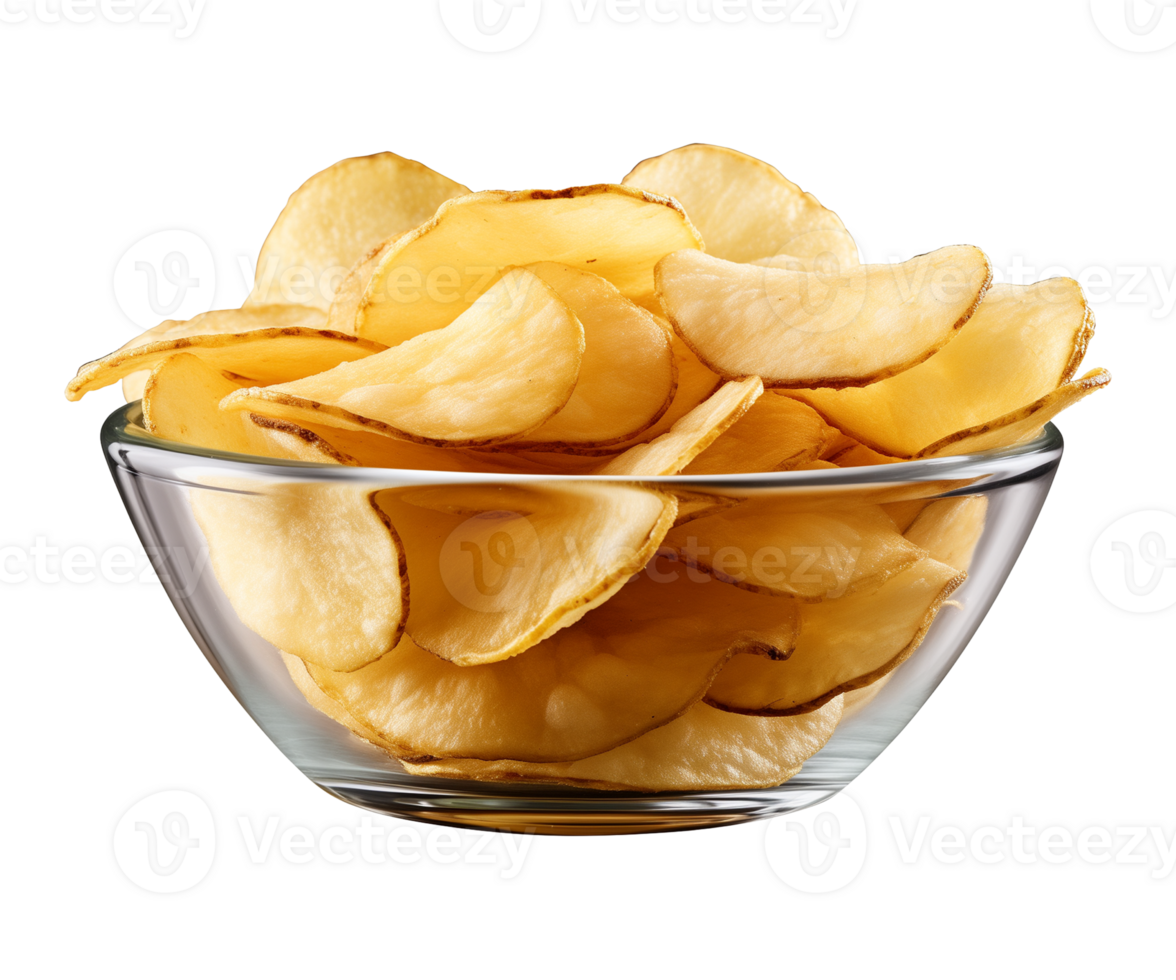 AI generated potato chips in a bowl isolated on a transparent background, PNG