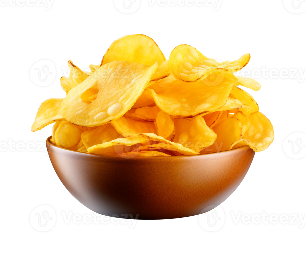 AI generated potato chips in a bowl isolated on a transparent background, PNG