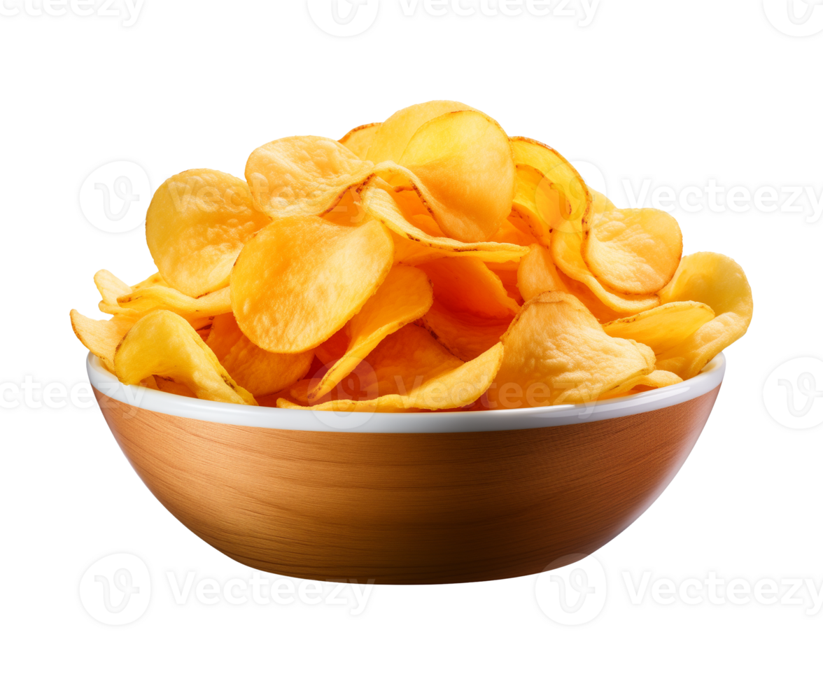 AI generated potato chips in a bowl isolated on a transparent background, PNG