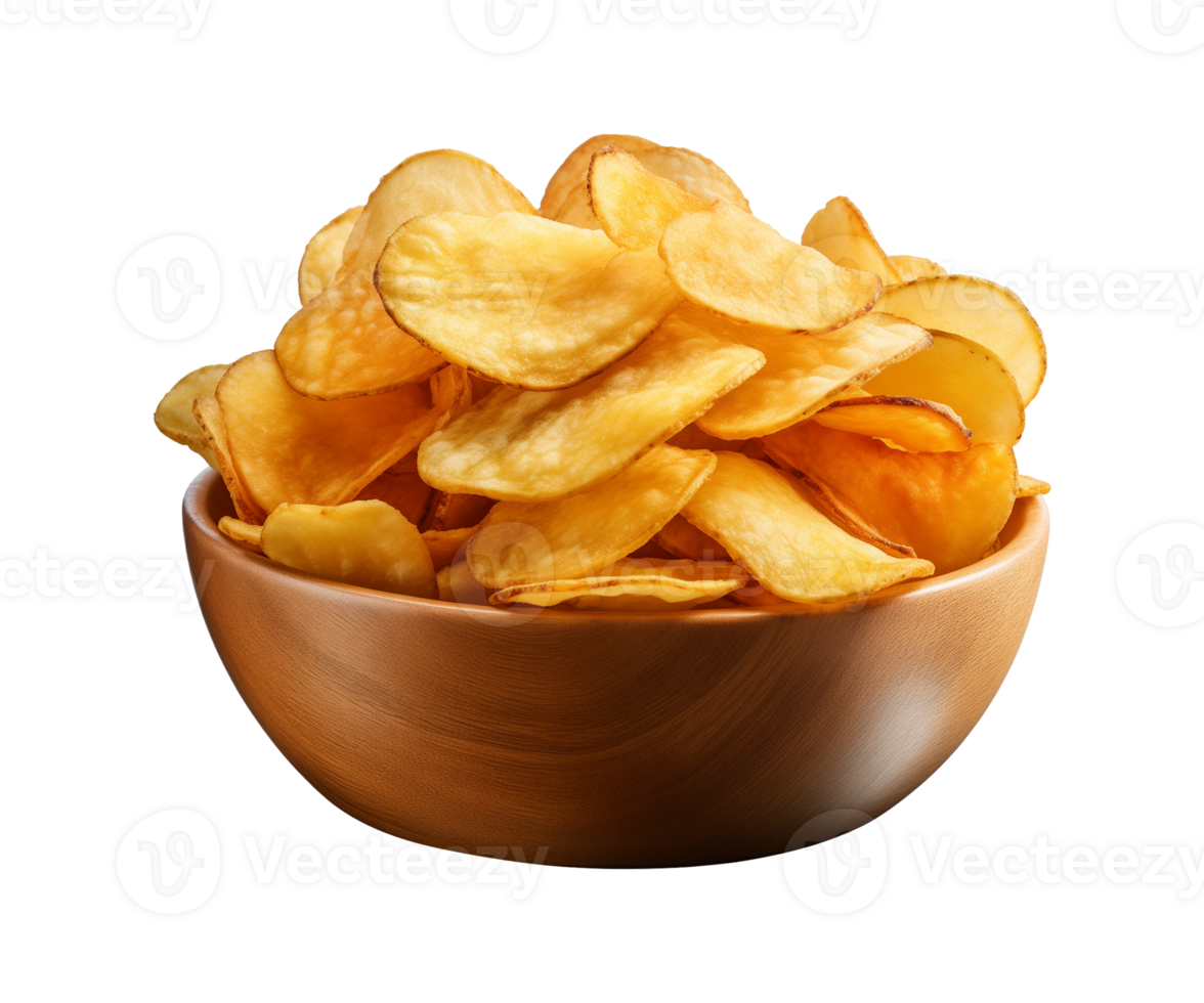 AI generated potato chips in a bowl isolated on a transparent background, PNG