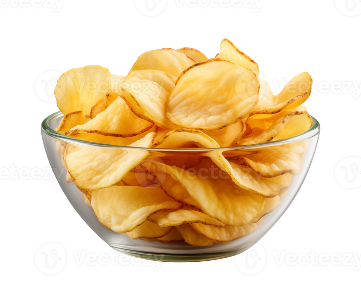 AI generated potato chips in a bowl isolated on a transparent background, PNG