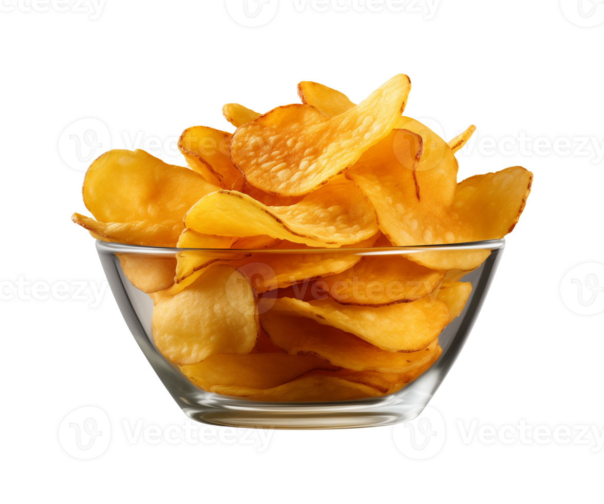 AI generated potato chips in a bowl isolated on a transparent background, PNG