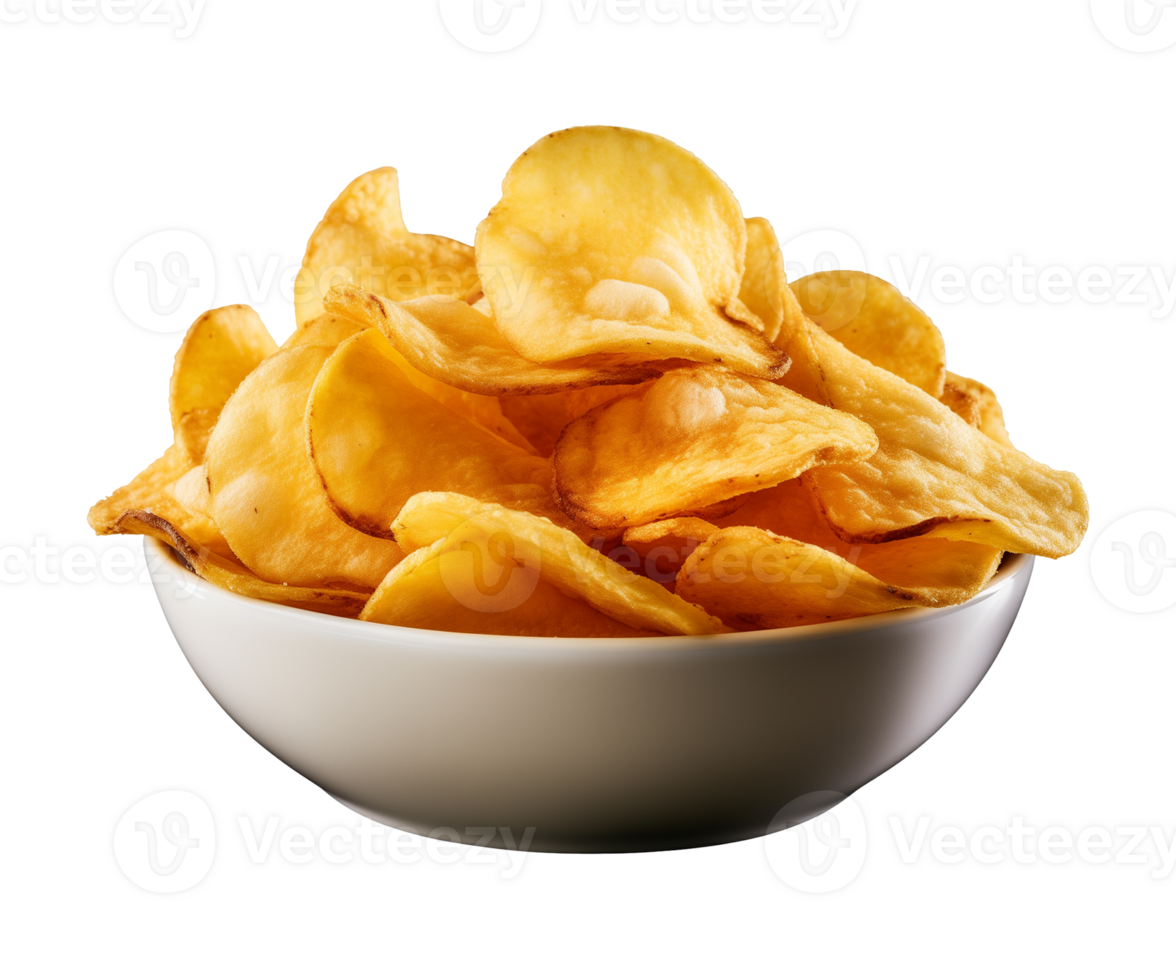 AI generated potato chips in a bowl isolated on a transparent background, PNG