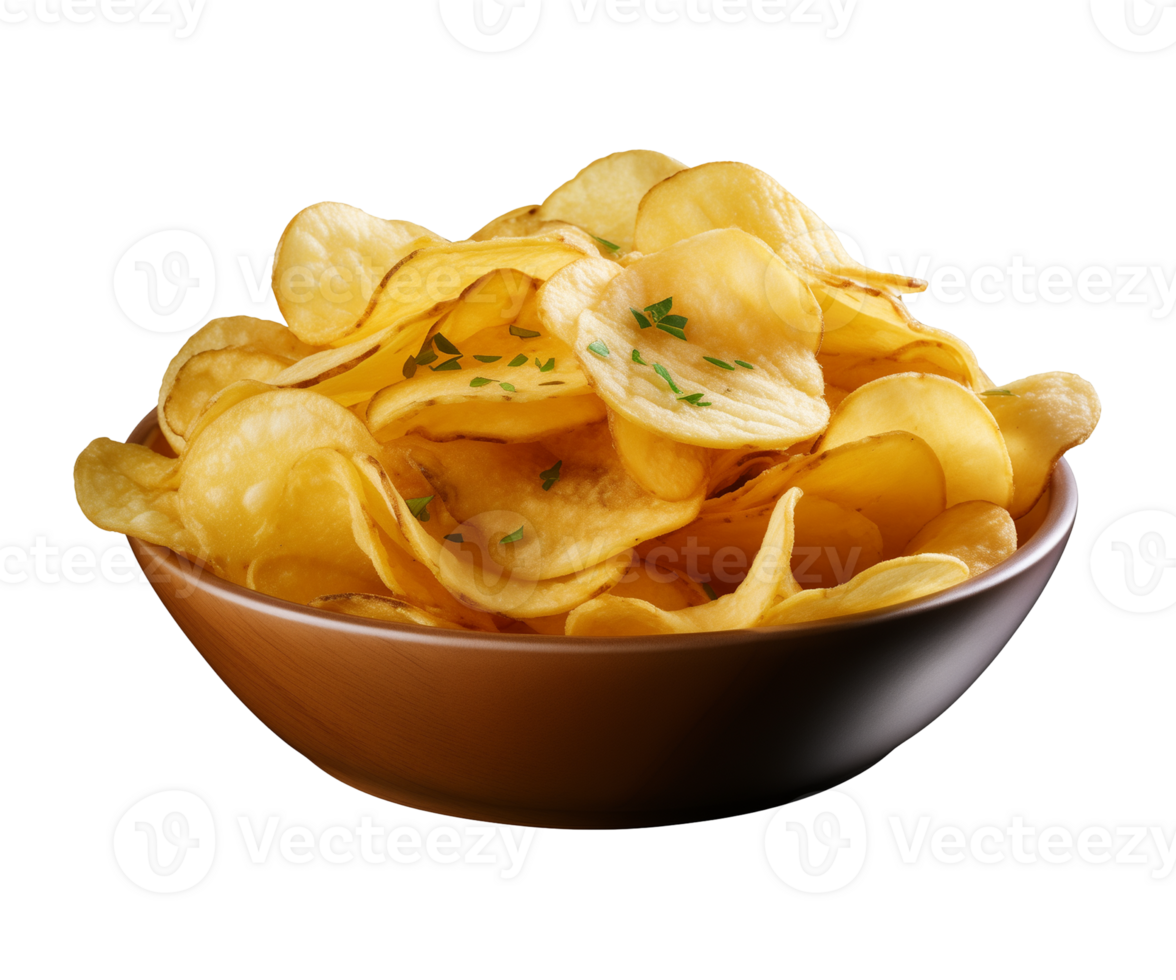 AI generated potato chips in a bowl isolated on a transparent background, PNG