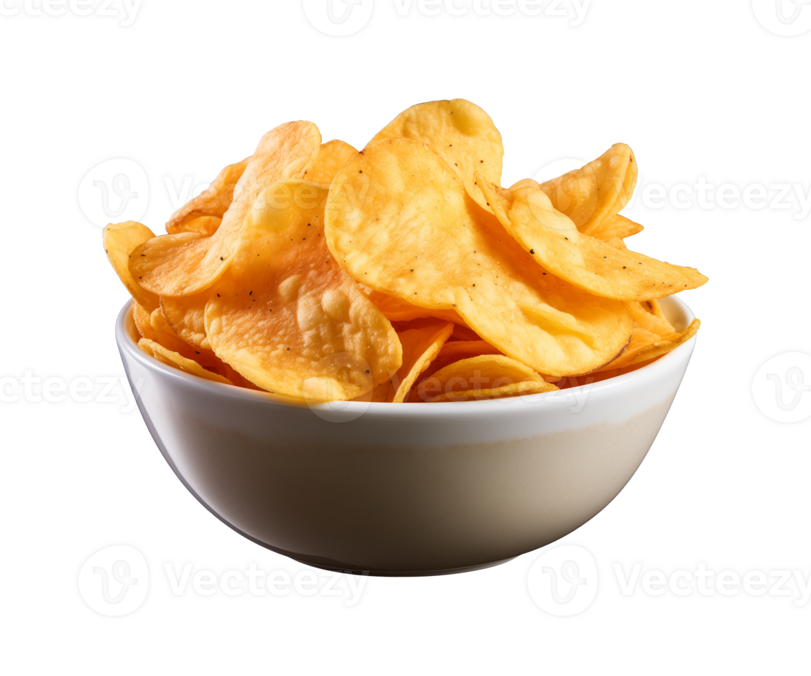 AI generated potato chips in a bowl isolated on a transparent background, PNG