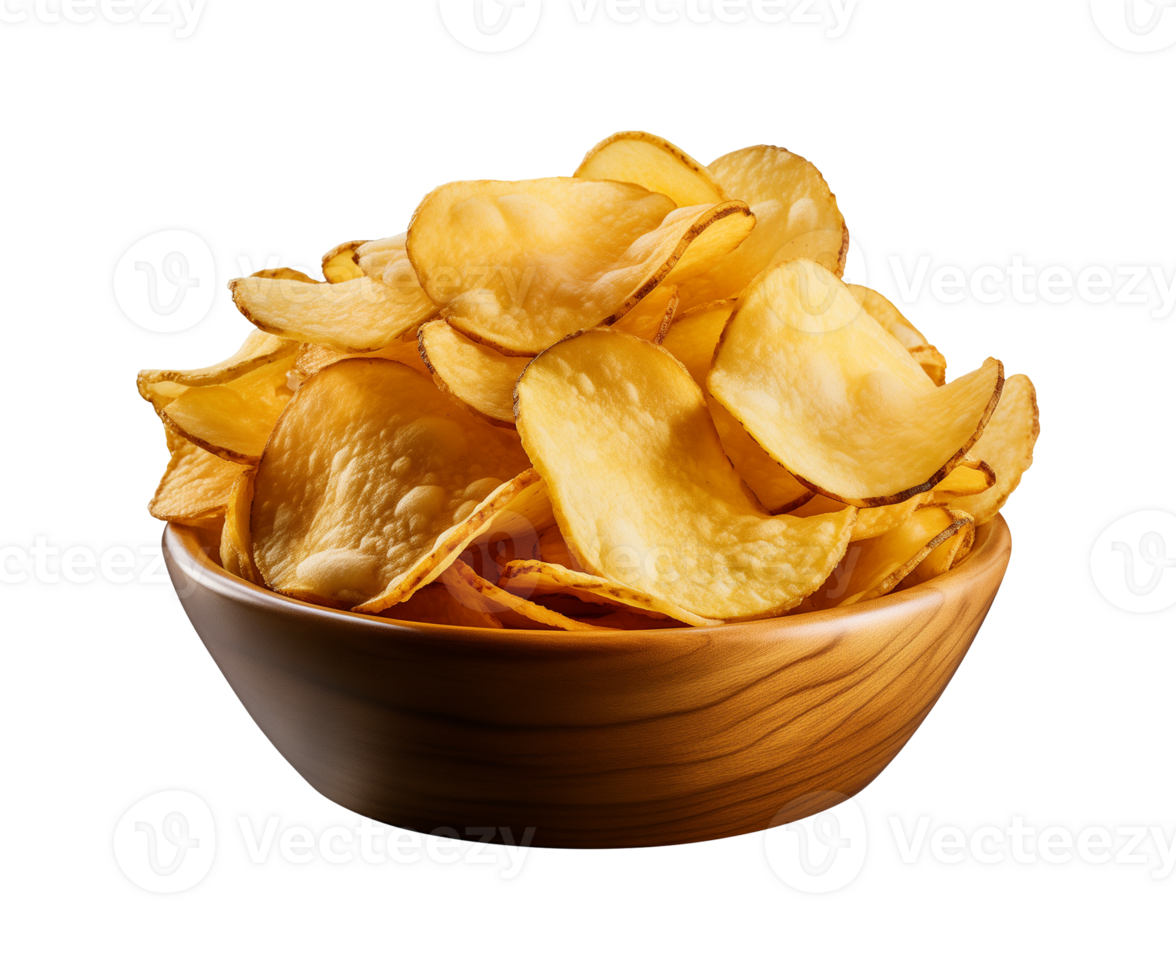 AI generated potato chips in a bowl isolated on a transparent background, PNG