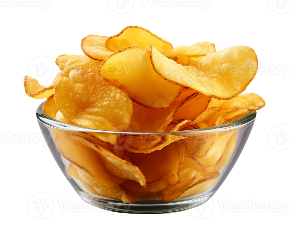 AI generated potato chips in a bowl isolated on a transparent background, PNG