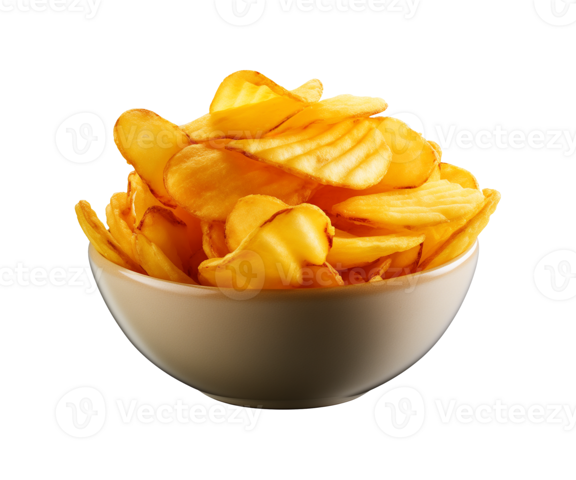 AI generated potato chips in a bowl isolated on a transparent background, PNG