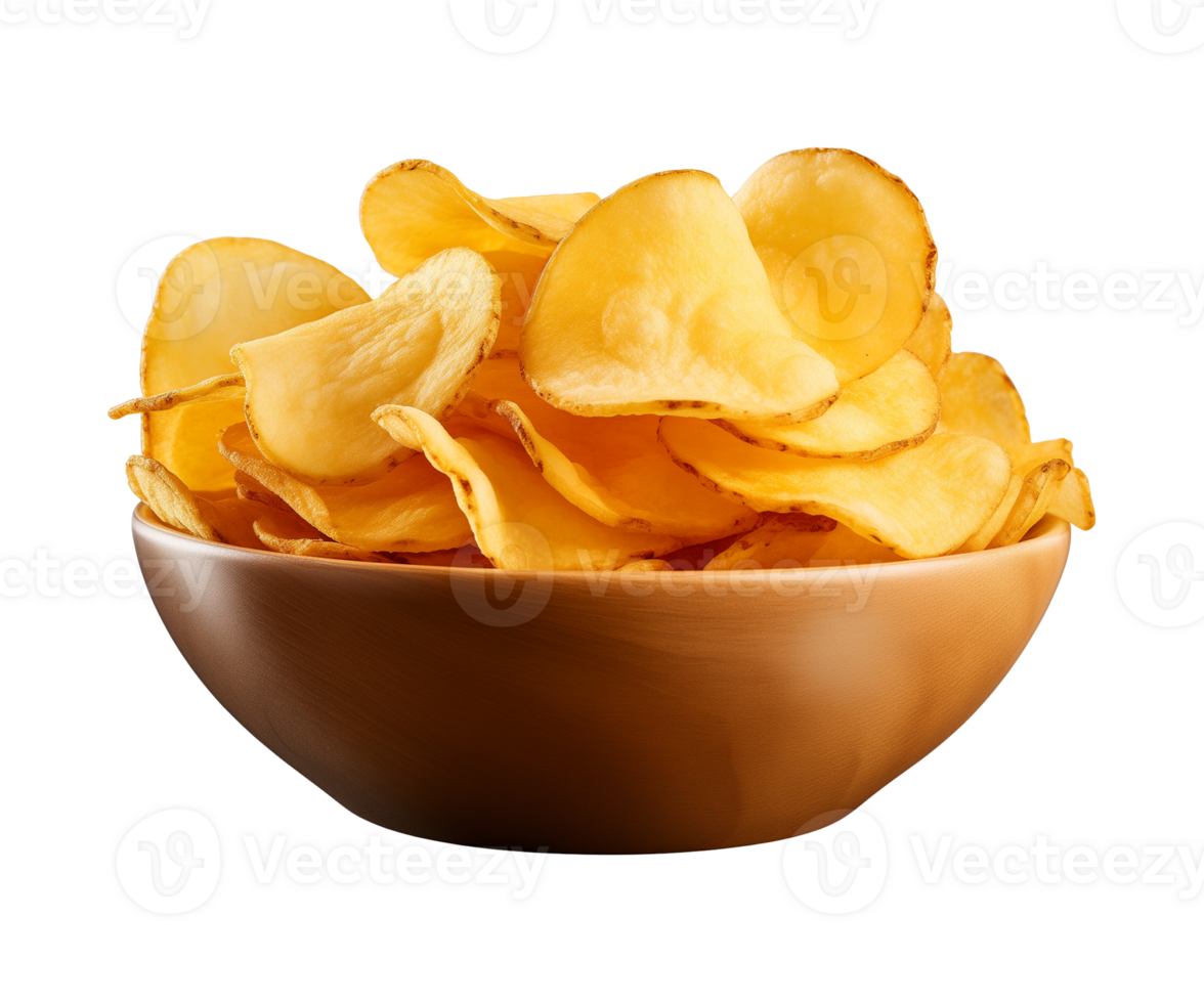 AI generated potato chips in a bowl isolated on a transparent background, PNG
