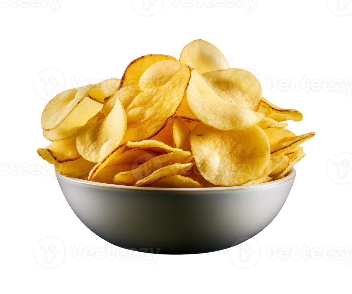 AI generated potato chips in a bowl isolated on a transparent background, PNG