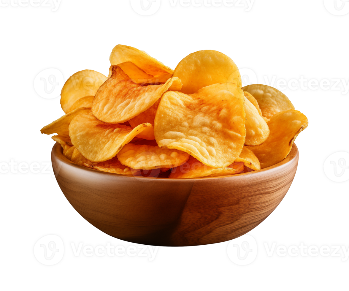 AI generated potato chips in a bowl isolated on a transparent background, PNG