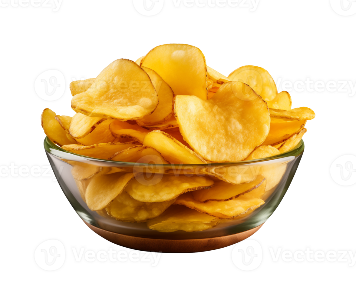 AI generated potato chips in a bowl isolated on a transparent background, PNG