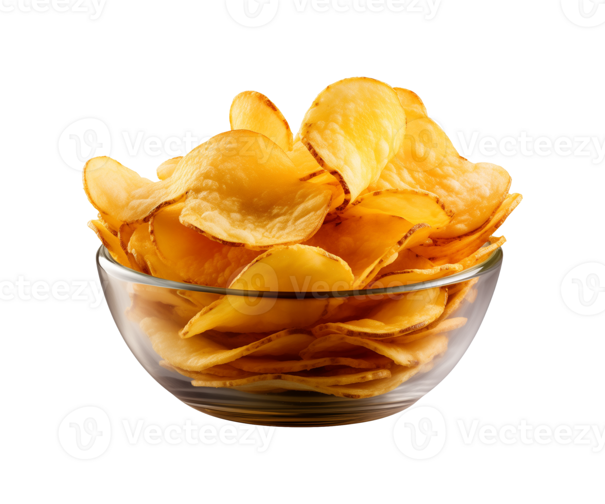 AI generated potato chips in a bowl isolated on a transparent background, PNG