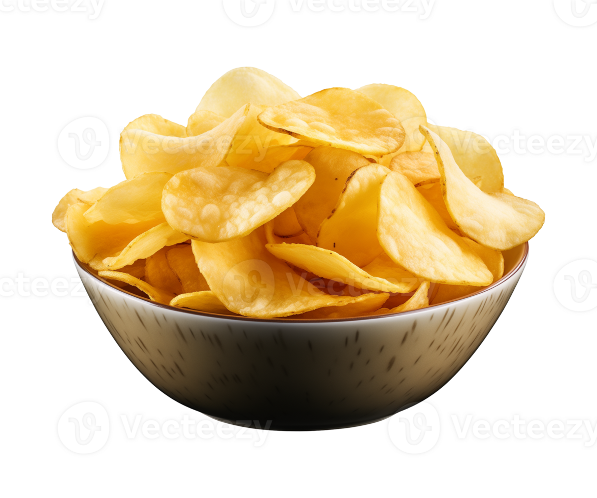 AI generated potato chips in a bowl isolated on a transparent background, PNG