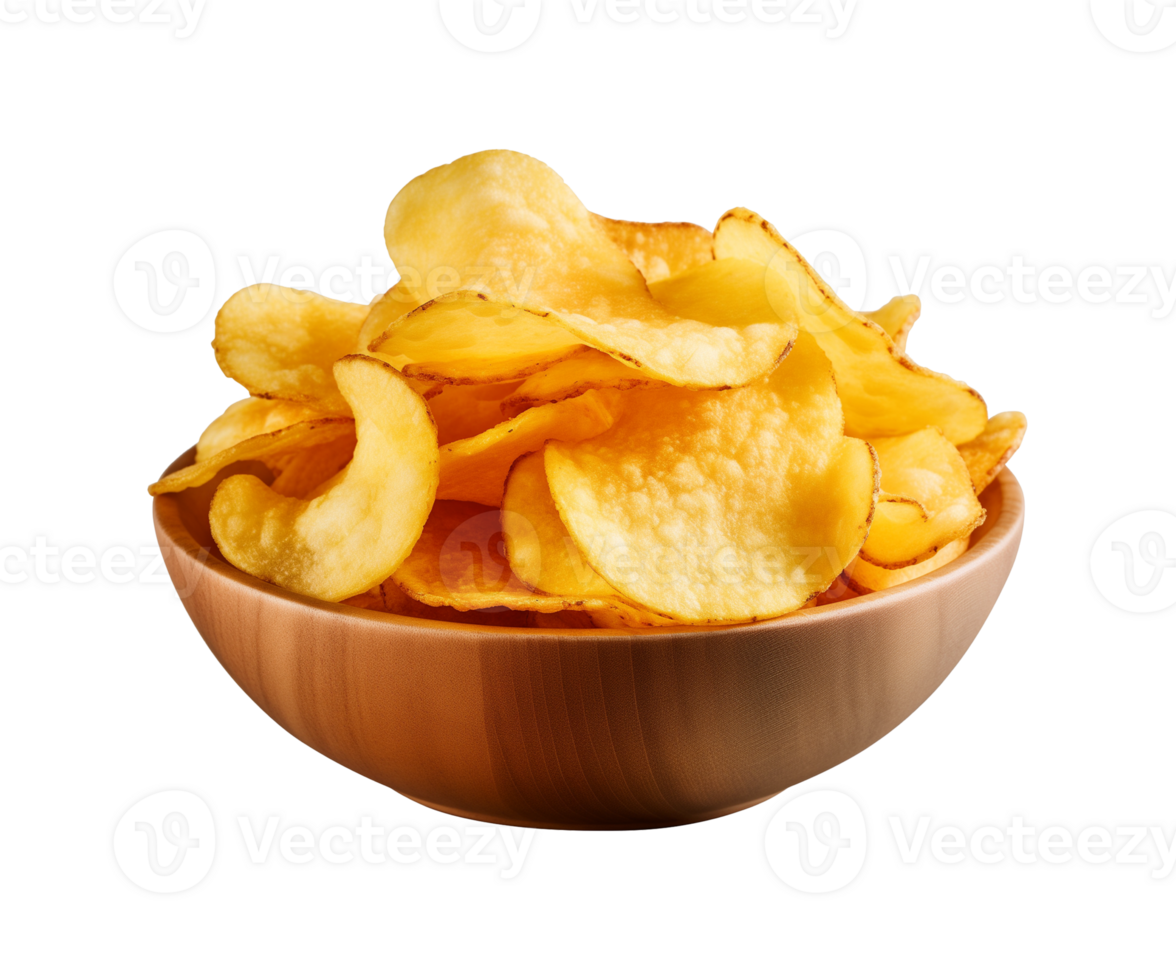 AI generated potato chips in a bowl isolated on a transparent background, PNG