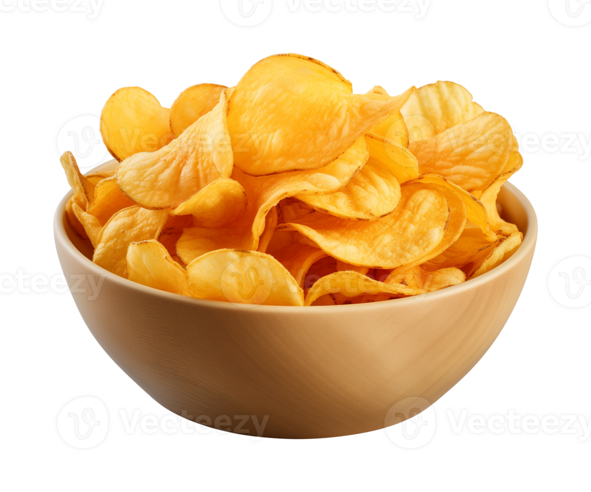 AI generated potato chips in a bowl isolated on a transparent background, PNG