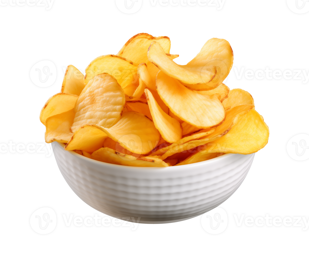 AI generated potato chips in a bowl isolated on a transparent background, PNG