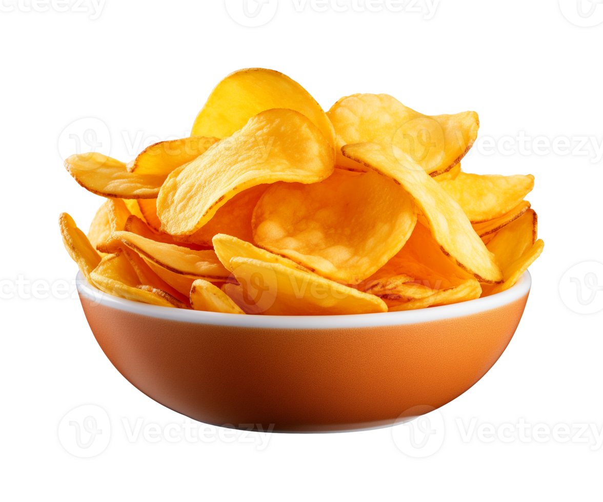 AI generated potato chips in a bowl isolated on a transparent background, PNG