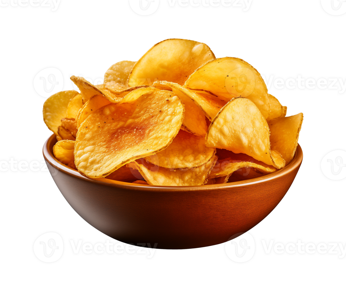 AI generated potato chips in a bowl isolated on a transparent background, PNG