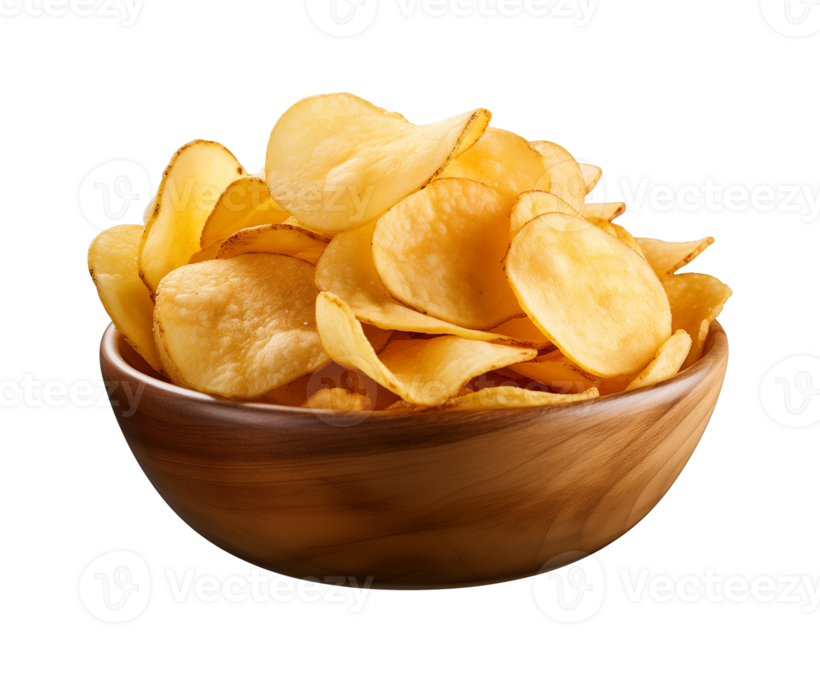 AI generated potato chips in a bowl isolated on a transparent background, PNG