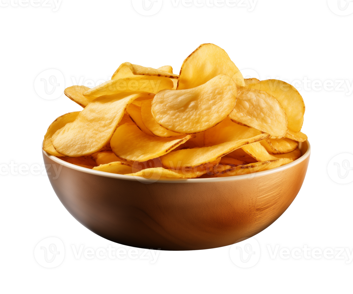 AI generated potato chips in a bowl isolated on a transparent background, PNG