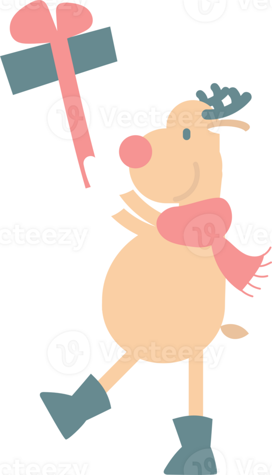 merry christmas and happy new year with cute reindeer and gift box, flat png transparent element cartoon character design